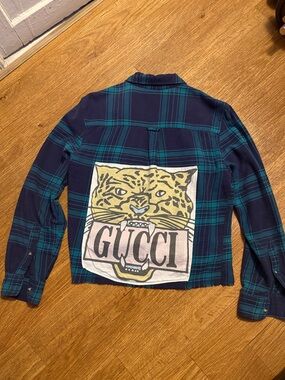 One of kind Plaid Crop Flannel Shirt with Tiger Back Patch up-cycled